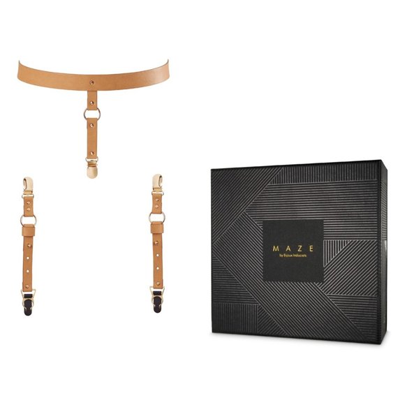 BIJOUX new SUSPENDER BELT & GARTERS 'MAZE' One Size NWT Tan Brown SEXY! gift - Picture 3 of 8